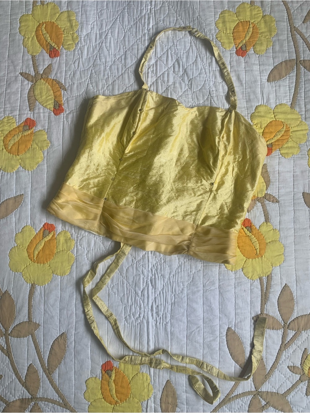 Vintage Belle Yellow Silk Taffeta Corset Lace-Up Blouse Top